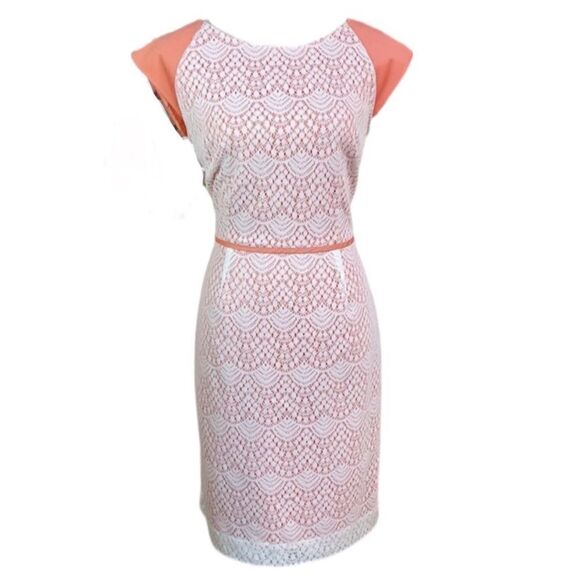 Alex Marie Peach Dress with White Lace Overlay, Cap Sleeves (Size: 8) - Picture 4 of 15